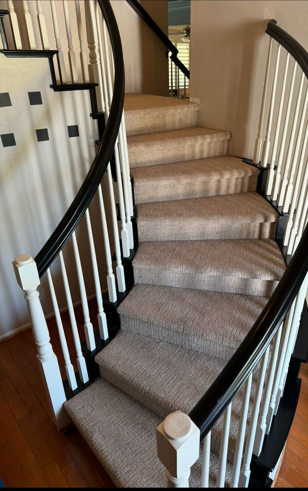 Curved staircase with carpeted steps and black and white railings in a home interior.