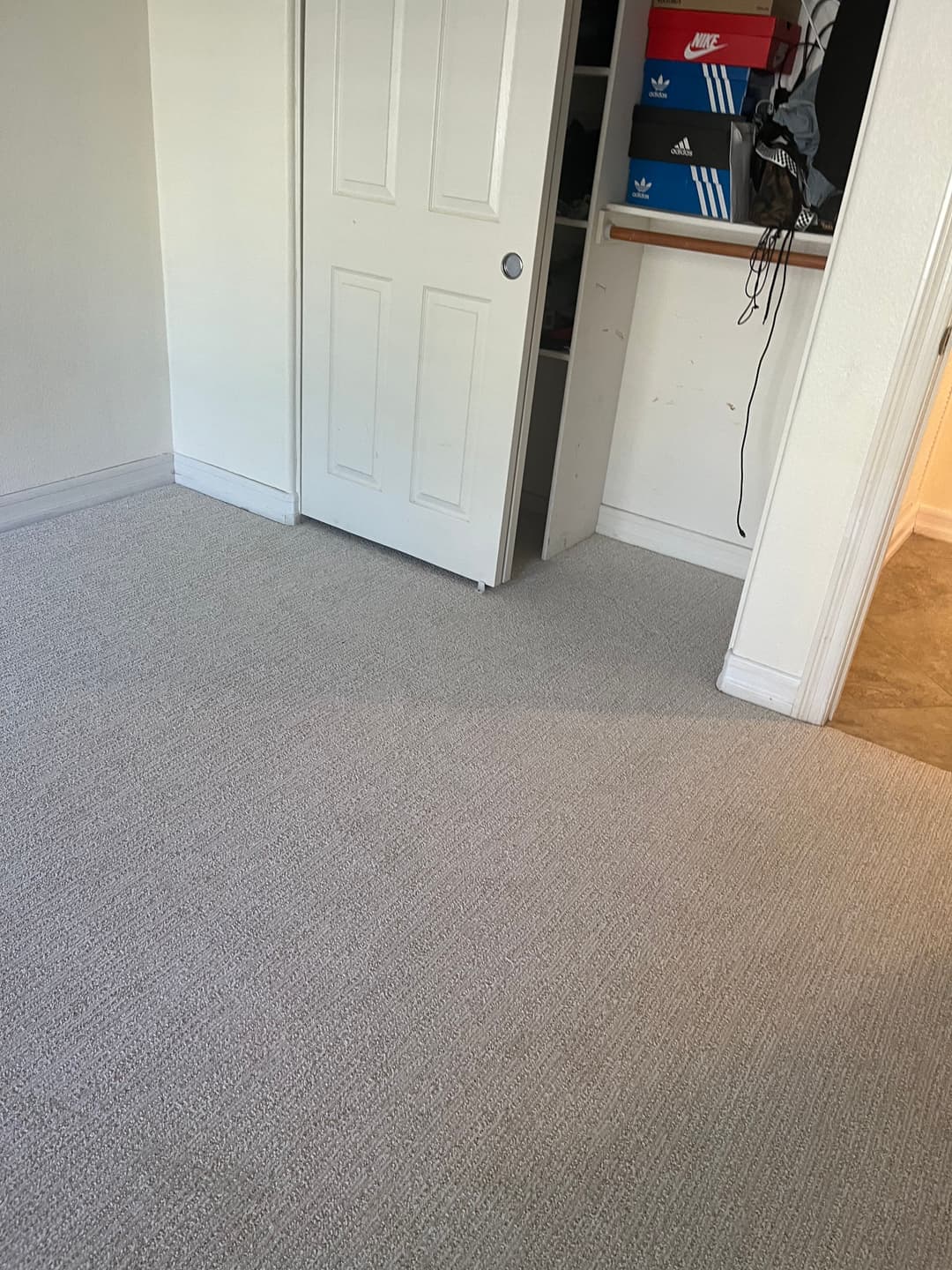 Empty room with beige carpet, closet with shoes, and closed door. Bright lighting.