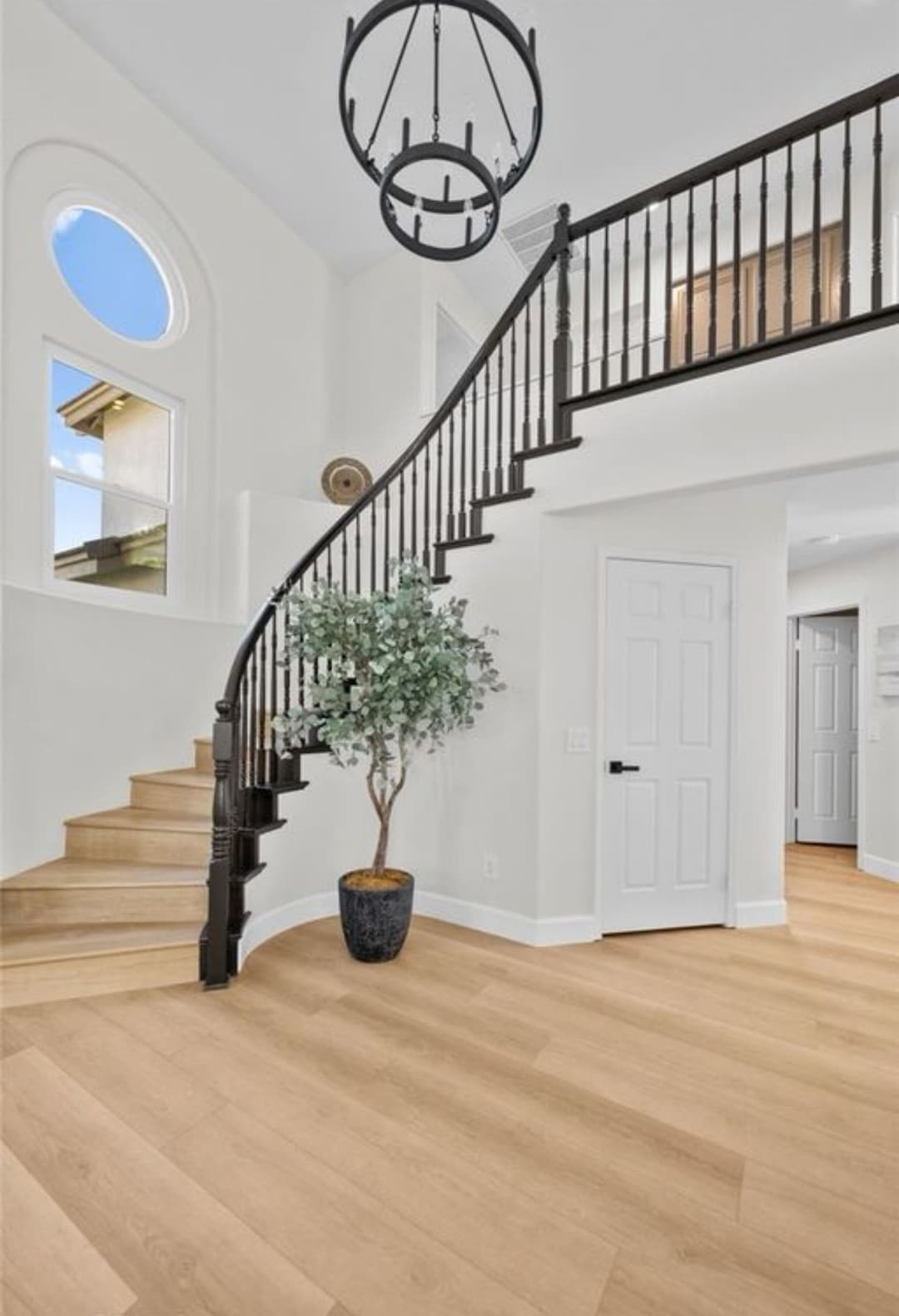Elegant foyer with a spiral staircase, modern chandelier, and potted plant in a bright interior.