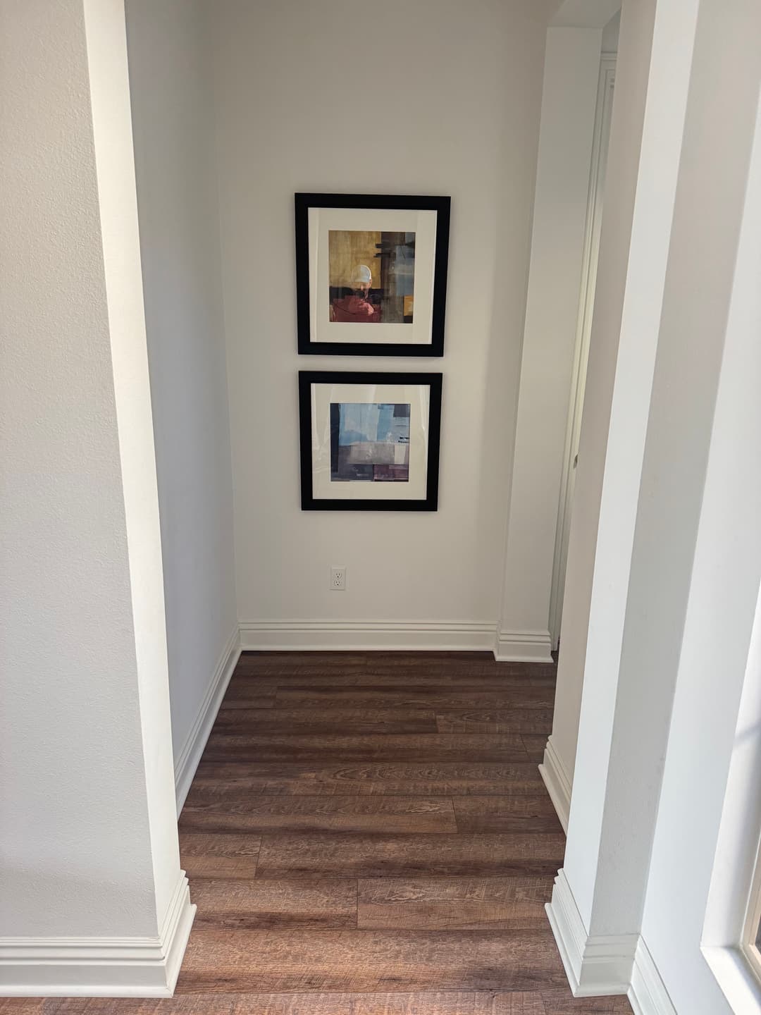 Narrow hallway featuring two framed abstract artworks and wooden flooring.