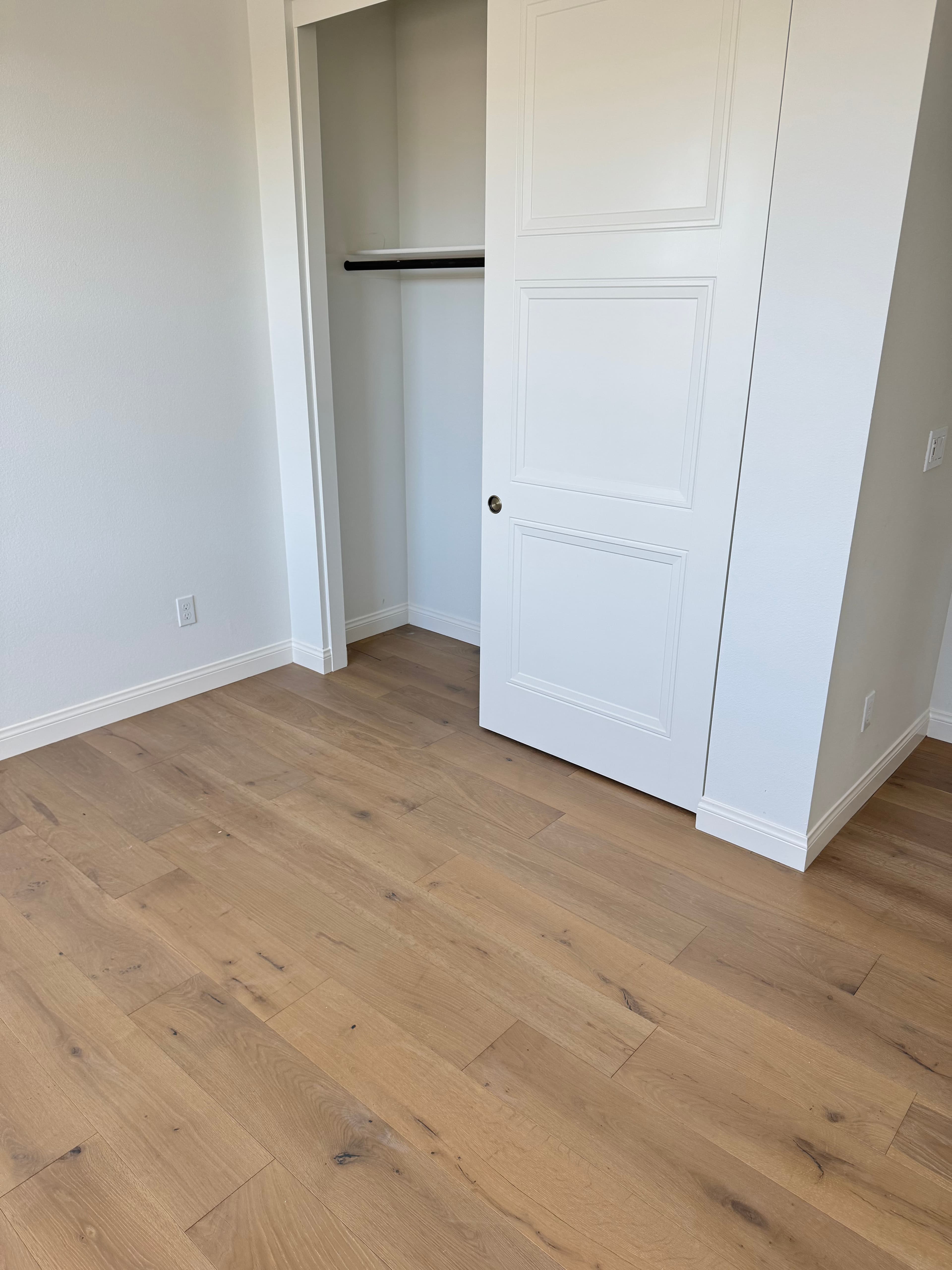 Bright empty room with light hardwood floor and closet door open against a white wall.