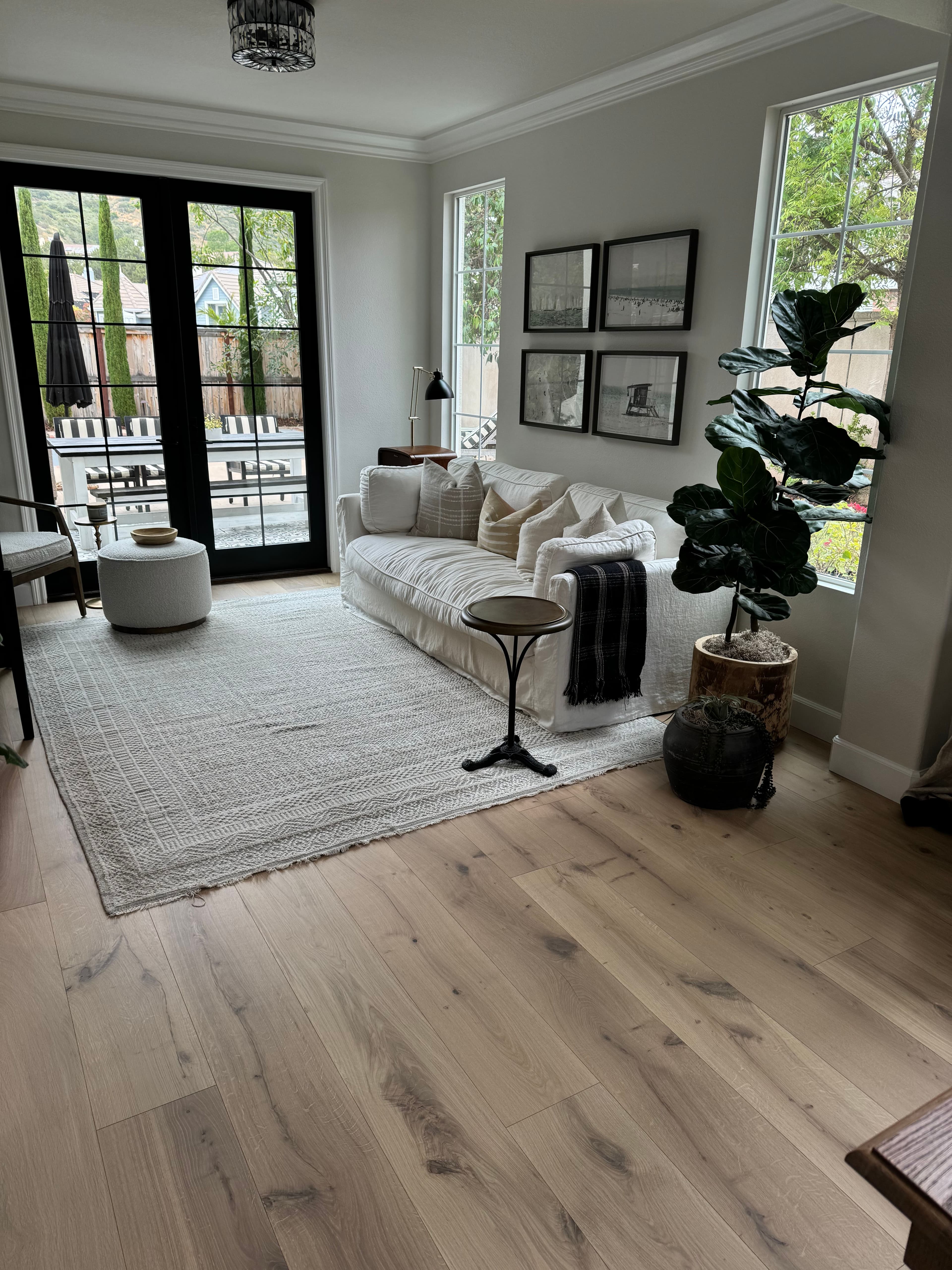 Modern living room with white sofa, stylish decor, large windows, and natural light.